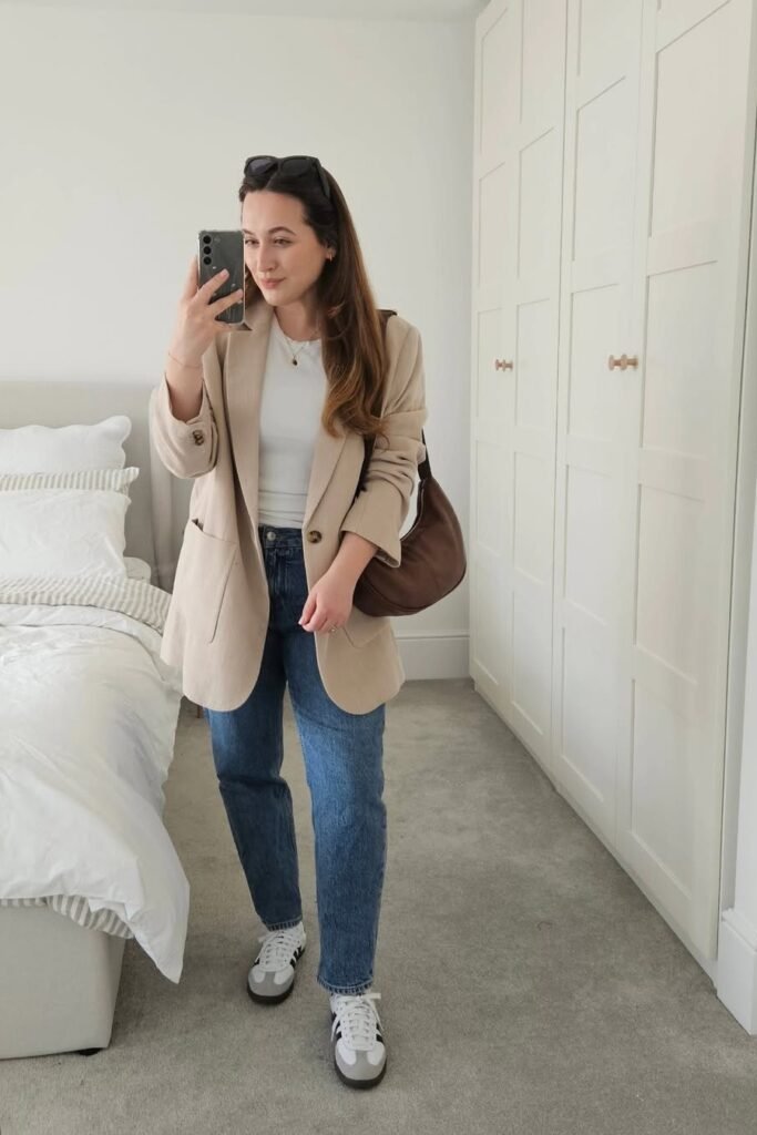 Beige Oversized Blazer + White T-Shirt + Straight Leg Blue Jeans + White Sneakers