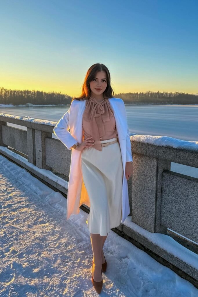 Beige Pussy-Bow Blouse + White Satin Midi Skirt + Long White Coat + Brown Pointed-Toe Pumps