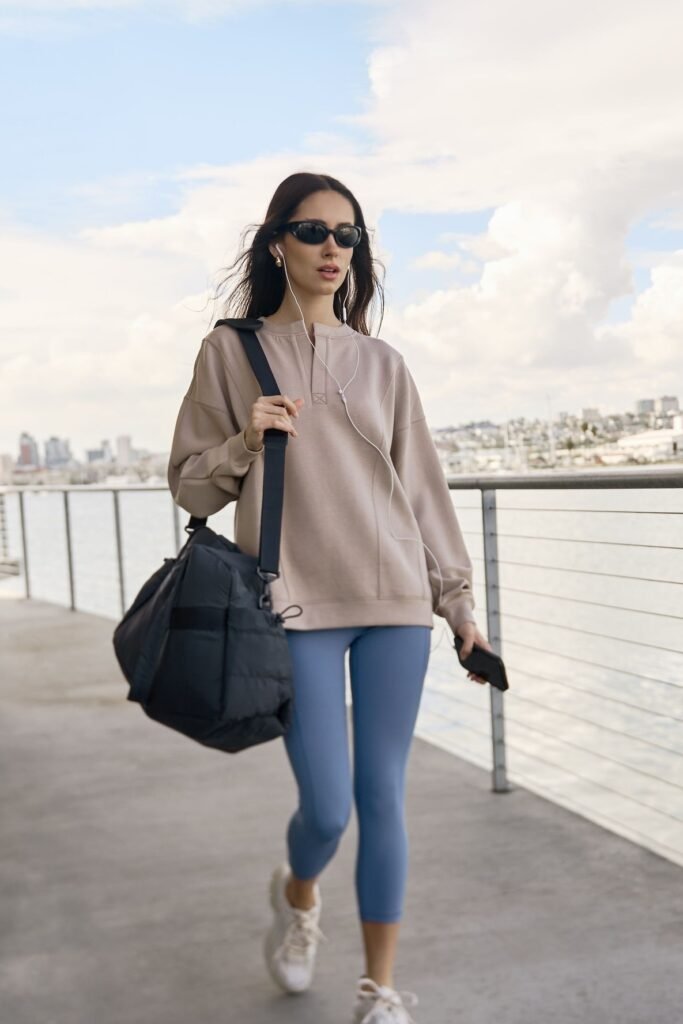 Beige Quarter-zip Sweatshirt + Dusty Blue Leggings + White Sneakers