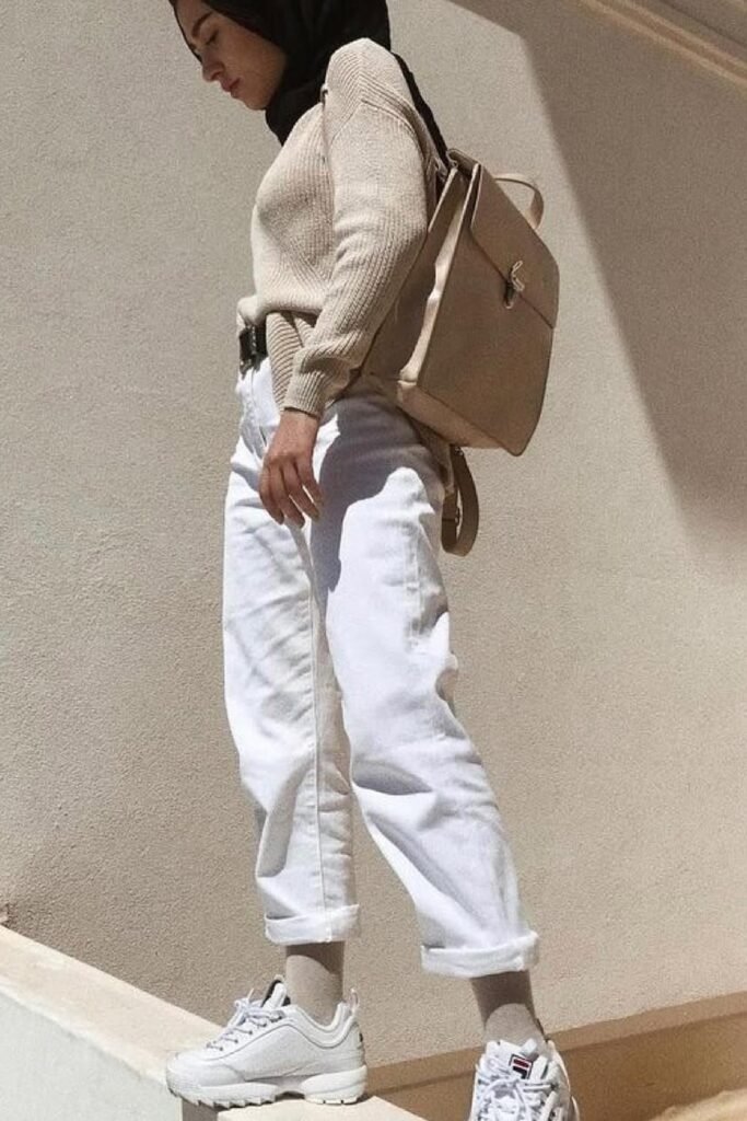 Beige Ribbed Sweater + White Straight-Leg Jeans + Chunky White Sneakers