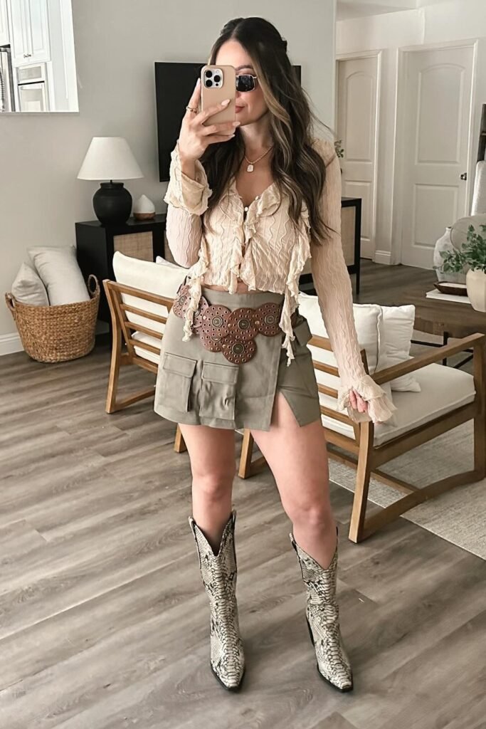 Beige Ruffled Blouse + Olive Cargo Mini Skirt + Snakeskin Cowboy Boots