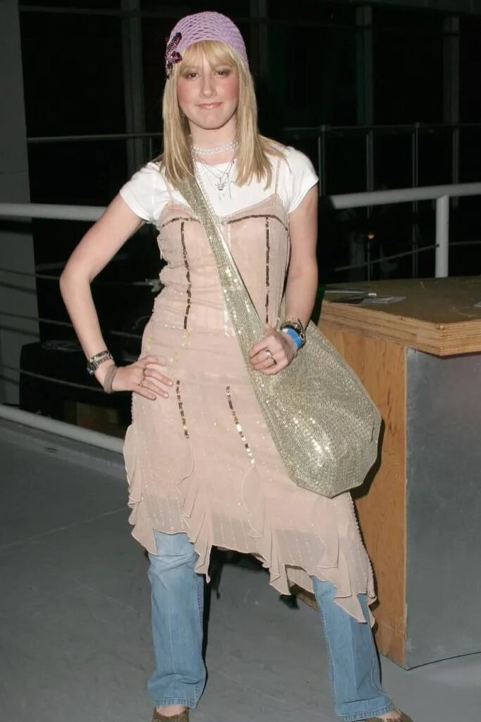 Beige Ruffled Slip Dress + White T-Shirt + Light Wash Jeans + Sequined Tote Bag