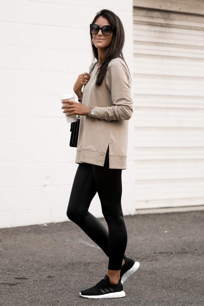 Beige Side-Slit Tunic + Black Faux Leather Leggings + Black & White Sneakers