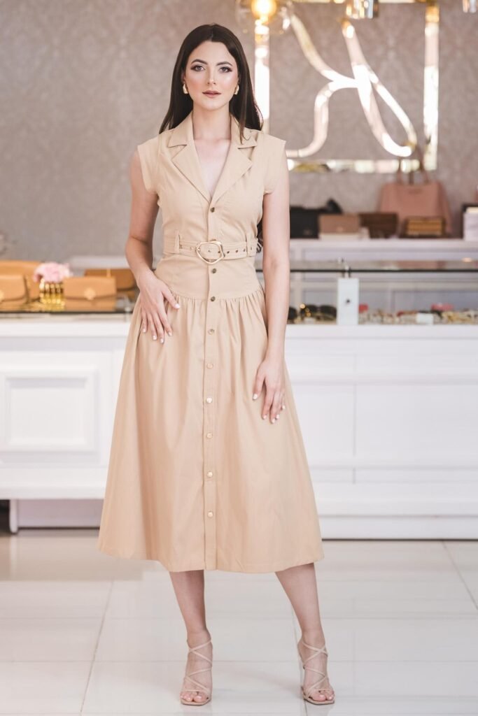 Beige Sleeveless Shirt Dress + Gold Statement Belt + Nude Strappy Sandals