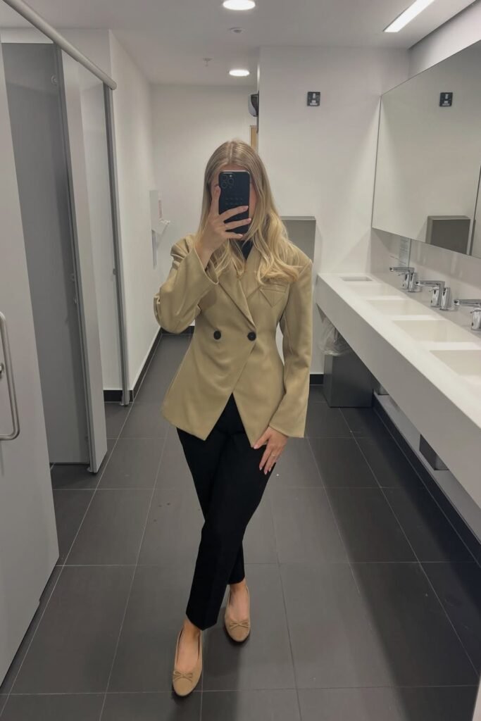 Beige Structured Blazer + Black Slim Trousers + Beige Ballet Flats