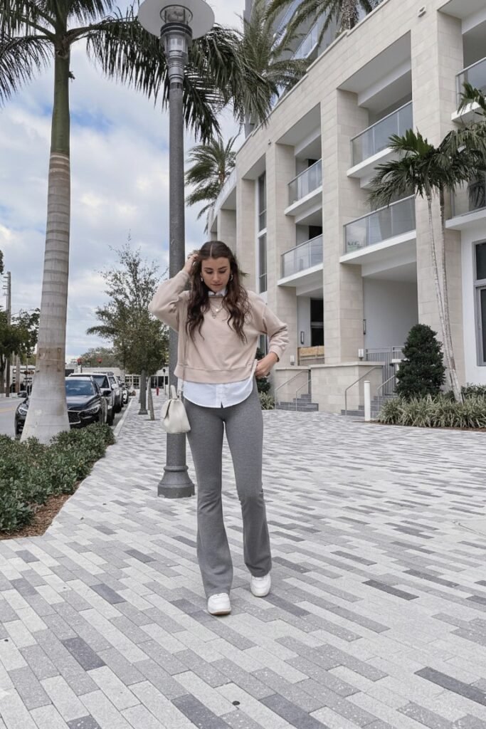 Beige Sweatshirt over White Button-Down + Grey Flared Leggings + White Sneakers