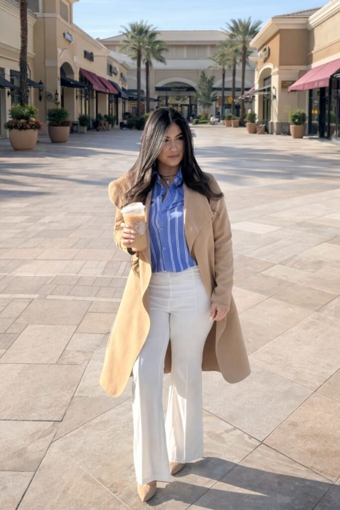 Beige Trench Coat + Blue Striped Button-Down + White Flared Trousers + Nude Pointed Heels