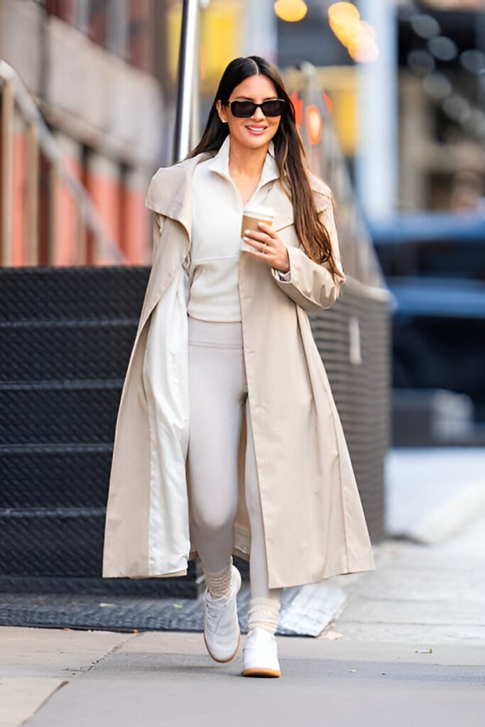 Beige Trench Coat + White Quarter-Zip Pullover + White Leggings + White Sneakers