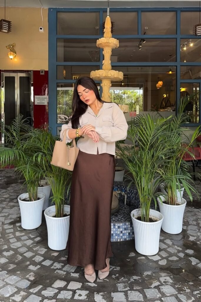 Beige Utility Button-Down Shirt + Chocolate Brown Satin Maxi Skirt + Beige Pointed Flats