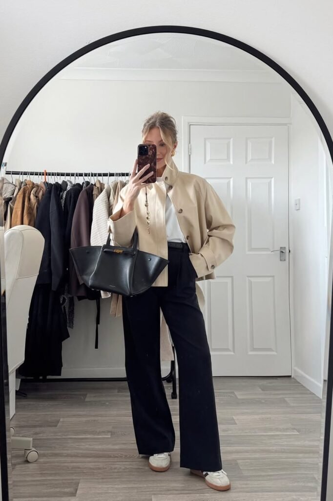 Beige Utility Jacket + White T-Shirt + Black Wide-Leg Trousers + White Retro Sneakers