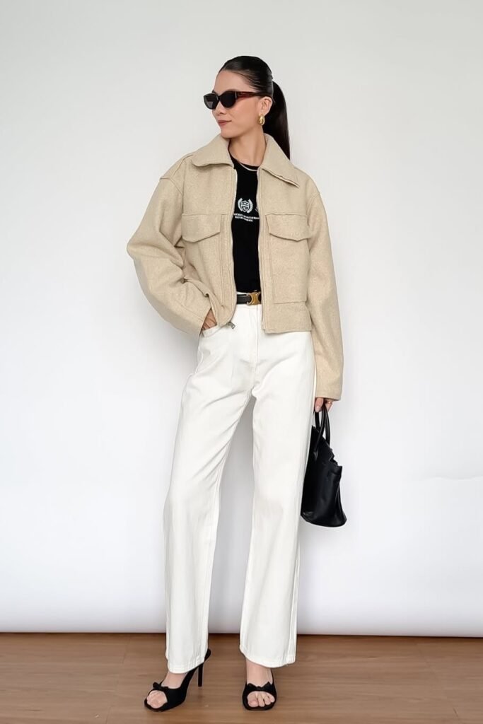 Beige Utility Jacket over Black Graphic T-Shirt + White Straight-Leg Jeans + Black Strappy Heels