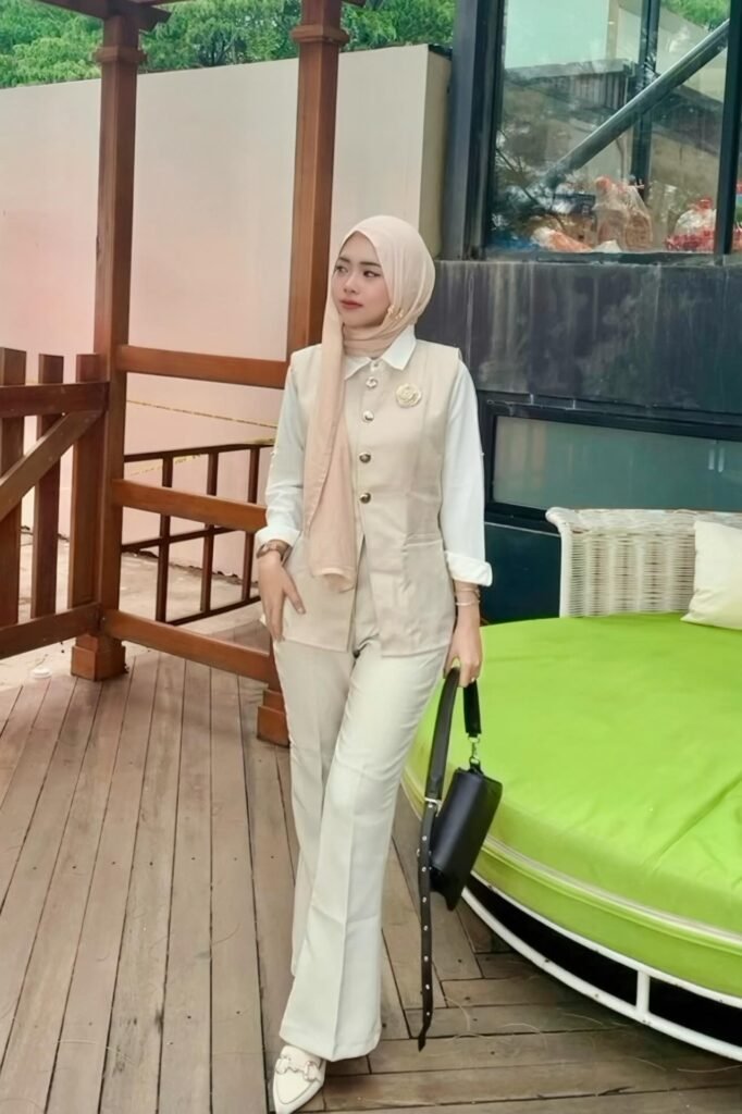 Beige Waistcoat over White Shirt + Off White Tailored Pants + White Chain Loafers