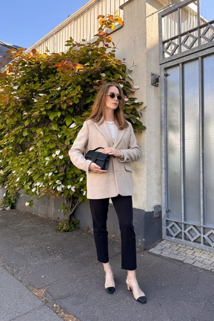 Beige Wool Blazer + Black Ankle-Length Trousers + Two-Tone Slingback Heels