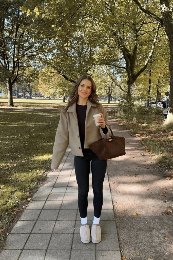 Beige Wool Shacket + Black Skinny Jeans + Taupe Platform Mules