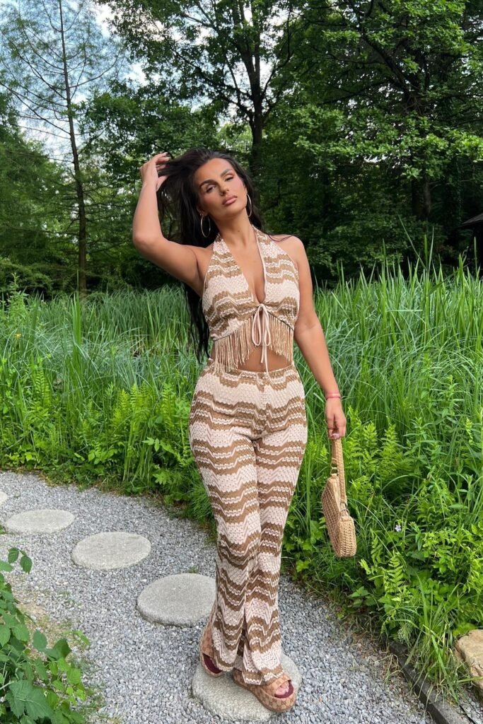 Beige and Brown Chevron Crochet Halter Top + Matching Flare Trousers + Tan Platform Sandals