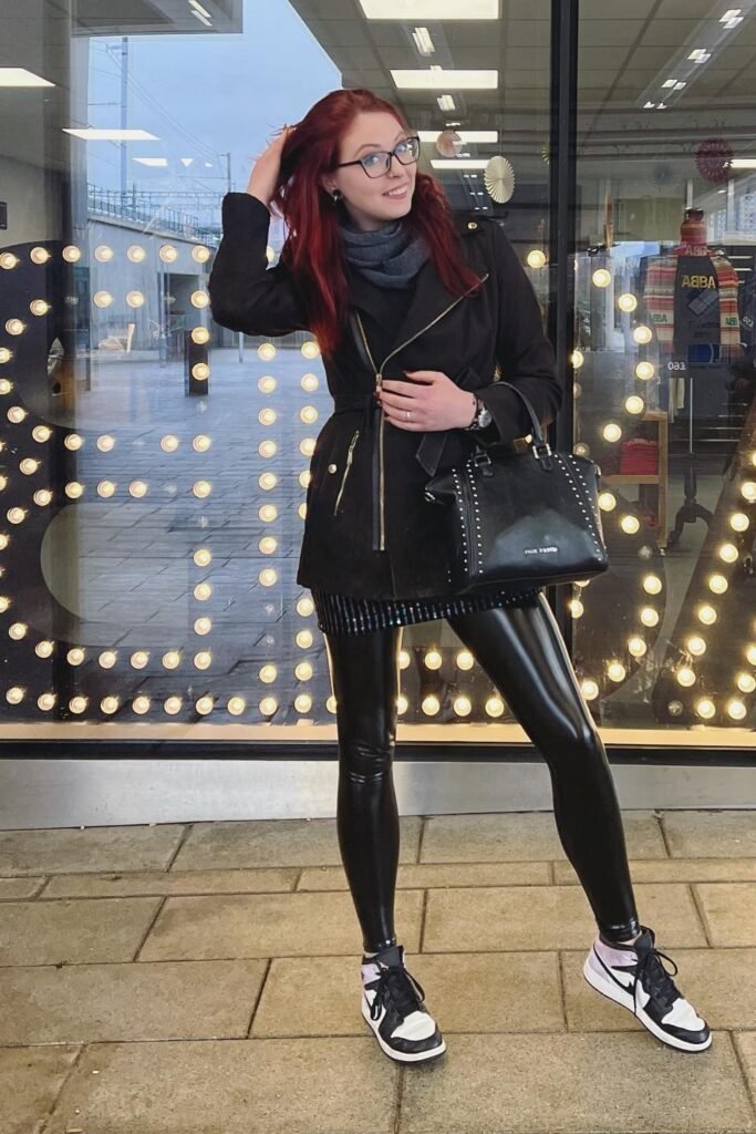 Black Belted Wrap Coat + Shiny Liquid-look Leggings + Black and White High-top Sneakers