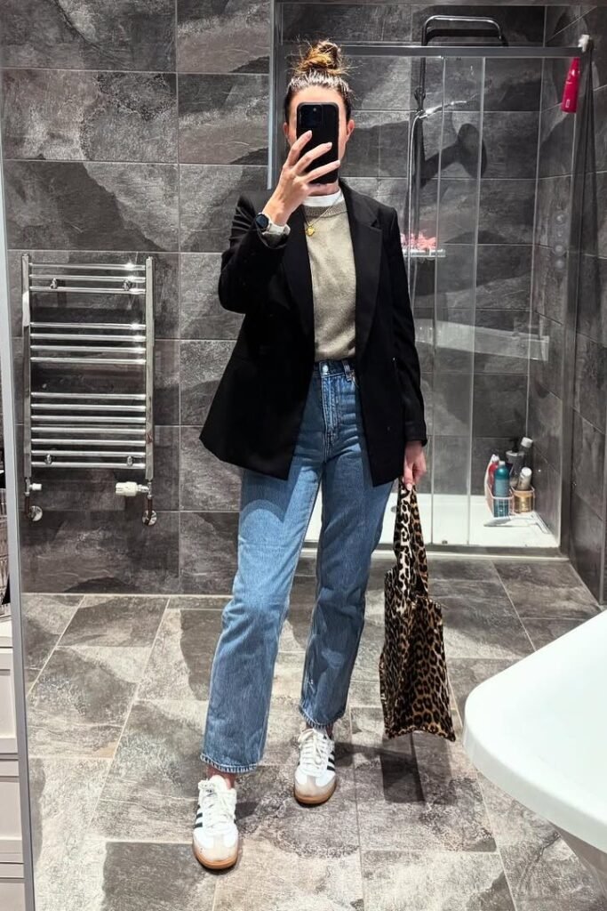 Black Blazer + Olive Sweater + Medium Wash Straight Jeans + White Adidas Sneakers