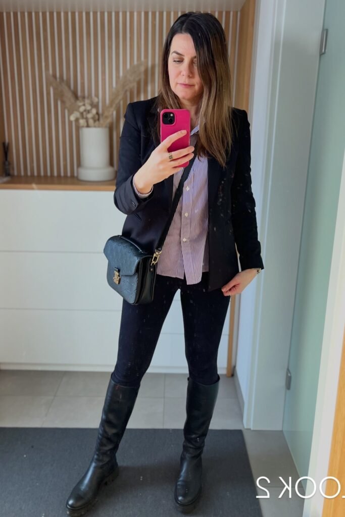 Black Blazer + Striped Button-Down Shirt + Black Leggings + Black Knee-High Leather Boots
