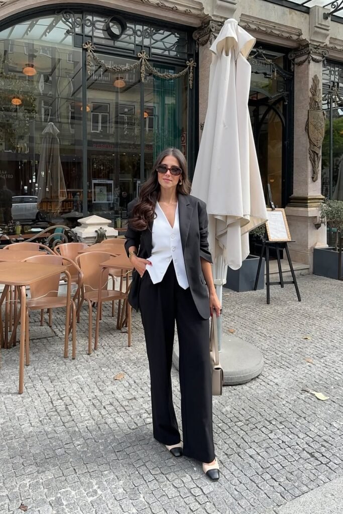 Black Blazer + White Button-Up Vest + Black Wide-Leg Trousers