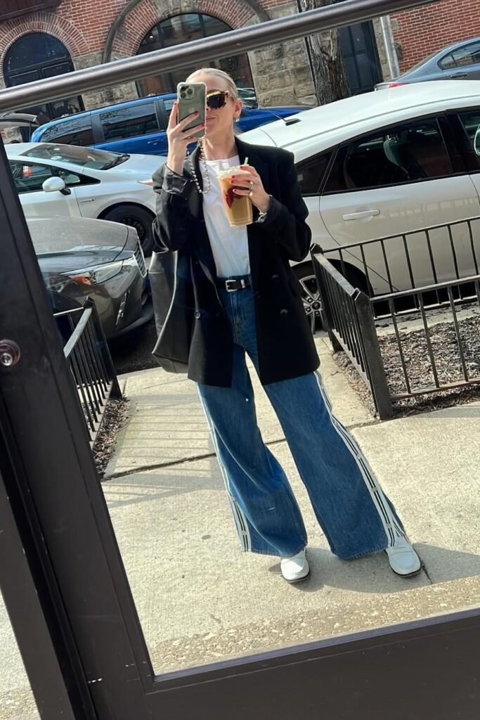 Black Blazer + White T-Shirt + Side-Stripe Wide-Leg Jeans + White Loafers