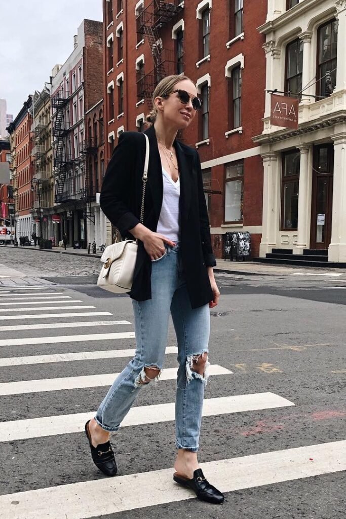 Black Blazer + White V-Neck T-Shirt + Distressed Light Wash Skinny Jeans + Black Leather Mules
