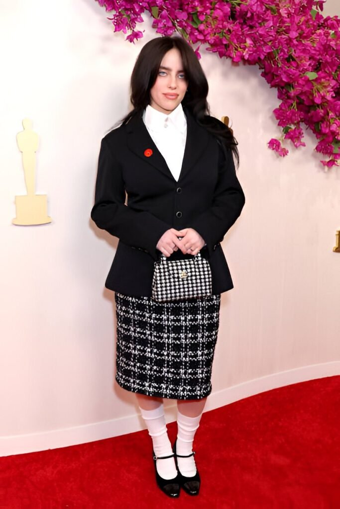 Black Blazer with Red Lapel Pin + White Collared Shirt + Black and White Patterned Pencil Skirt + White Socks + Black Mary Jane Flats