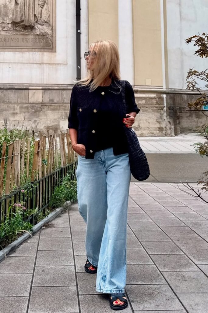 Black Button-Up Cardigan + Light Wash Wide-Leg Jeans + Black Chunky Sandals