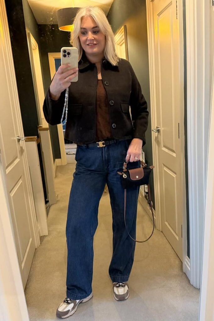 Black Button-Up Jacket + Brown Knit Top + Dark Wash Straight Jeans + White and Brown Sneakers