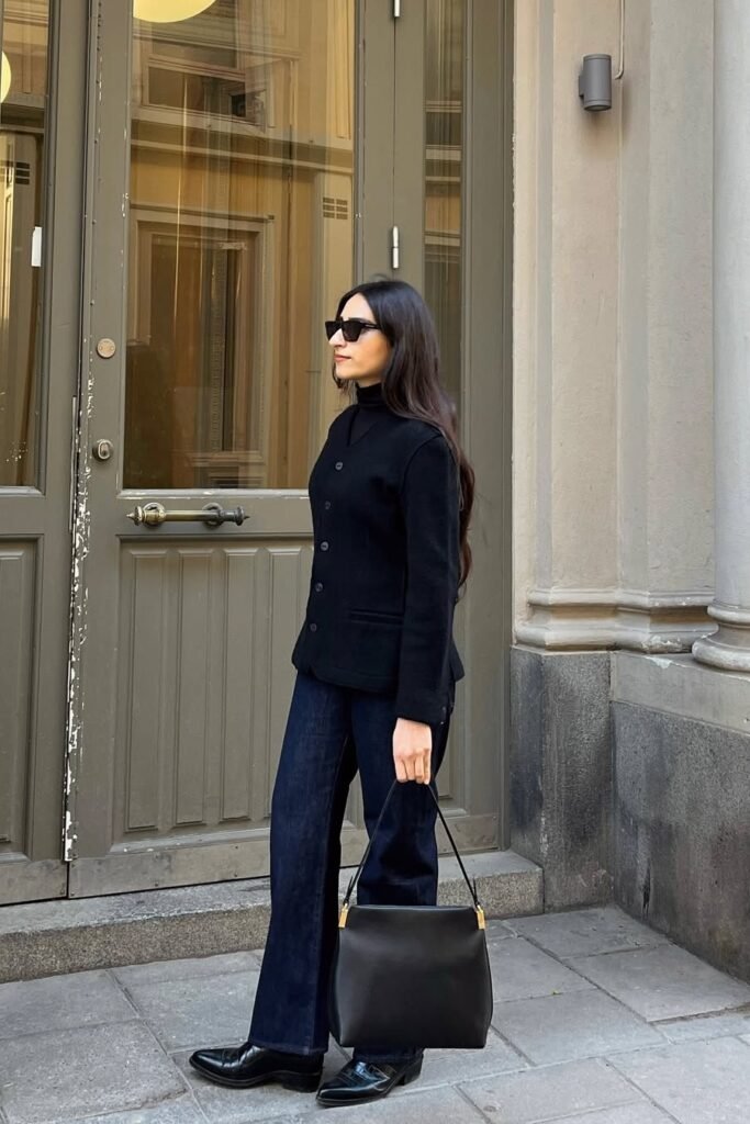 Black Buttoned Cardigan + Black Turtleneck + Dark Indigo Wide-Leg Jeans + Black Loafers