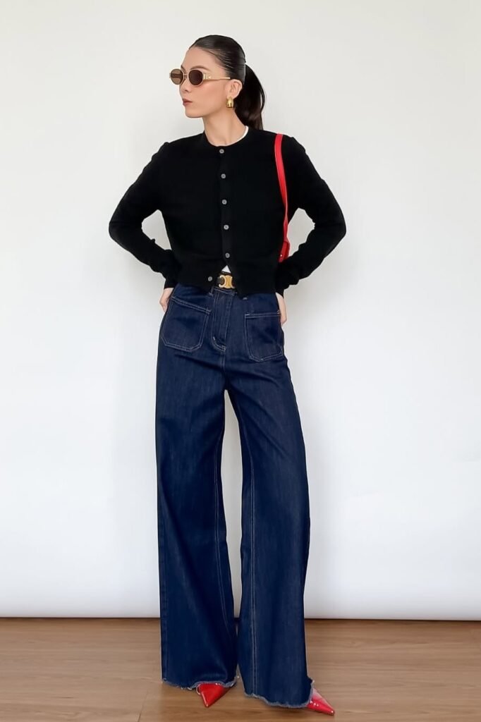 Black Buttoned Cardigan + Wide-Leg Dark Denim + Red Pointed Heels