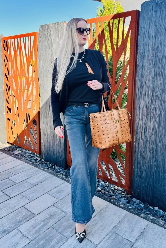Black Cardigan & Tee + Medium Wash Flare Jeans + Black Pointed Heels