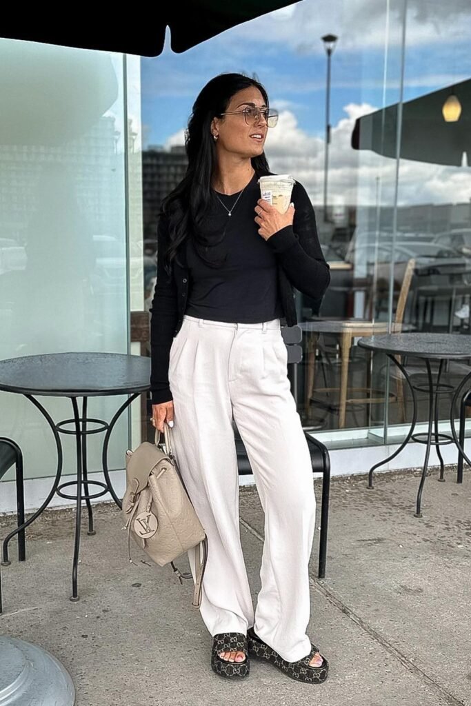 Black Cardigan & Tee + White Wide-Leg Trousers + Monogram Platform Sandals