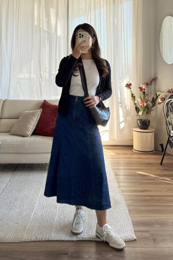 Black Cardigan + White T-Shirt + Dark Denim Midi Skirt + White Sneakers