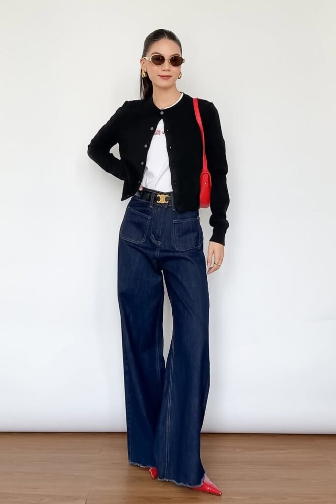 Black Cardigan over White Graphic Tee + Dark Wash Patch-Pocket Jeans + Red Pointed-Toe Heels