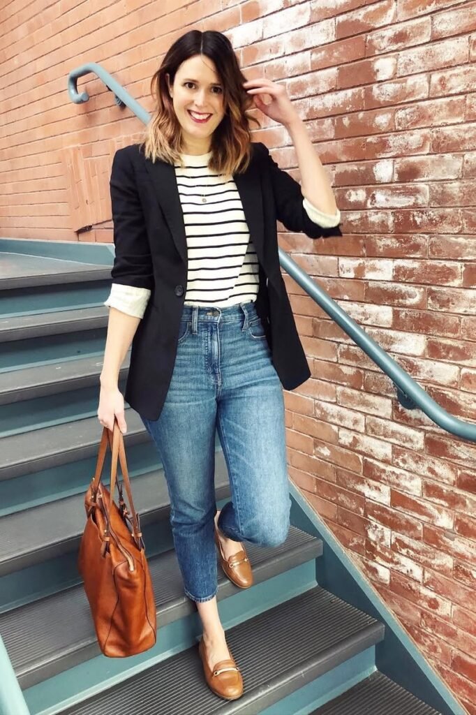 Black Classic Blazer + Striped Long-Sleeve Tee + High-Waisted Blue Jeans + Brown Leather Loafers