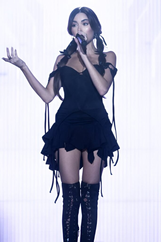 Black Cold Shoulder Ruffle Mini Dress + Lace up Black Over the Knee Boots