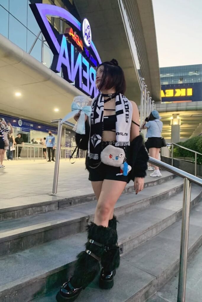 White Star Graphic Crop Top + Black Embroidered Mini Skirt + Black Leather Jacket