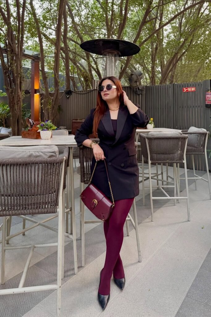 Black Double-Breasted Blazer Dress + Burgundy Tights + Black Pointed-Toe Pumps