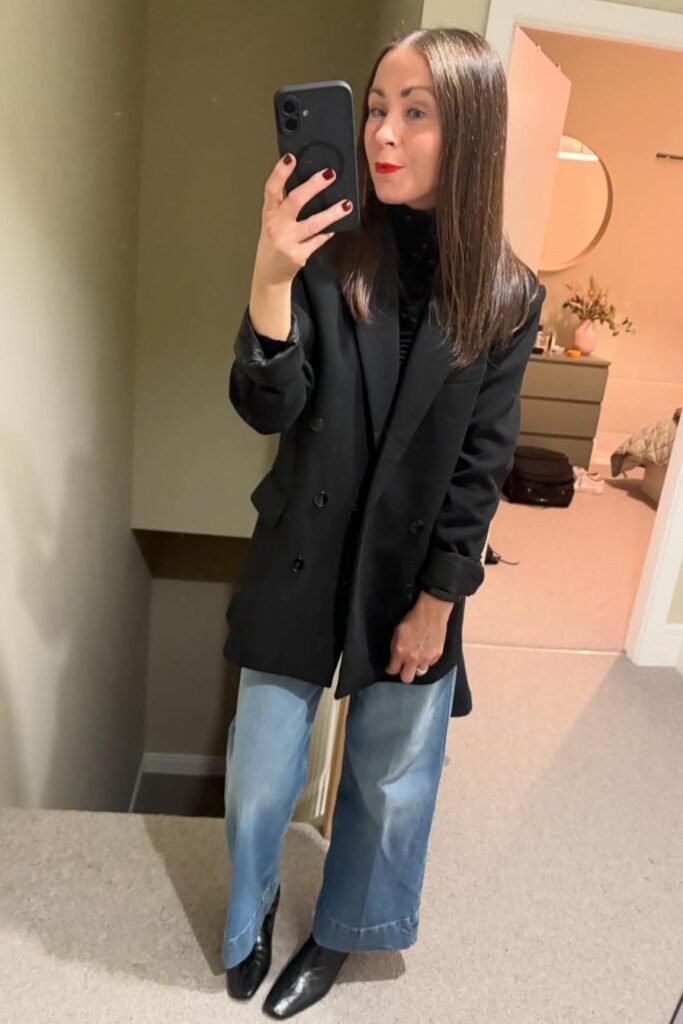 Black Double-Breasted Blazer + Light Wash Wide-Leg Jeans + Black Square-Toe Boots