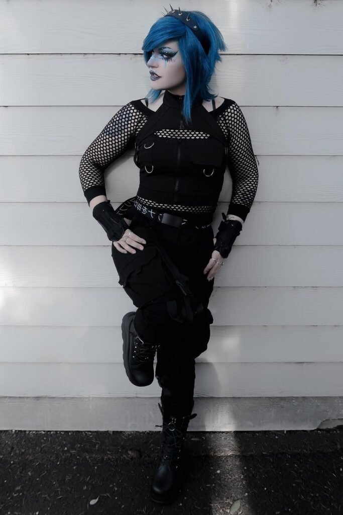 Black Fishnet Layered Bodysuit + Black Cargo Pants + Spiked Headband + Black Combat Boots