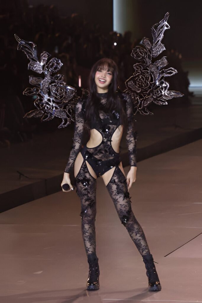 Black Floral Lace Bodysuit + Matching Lace Leggings + Metallic Silver Wings + Black Platform Boots