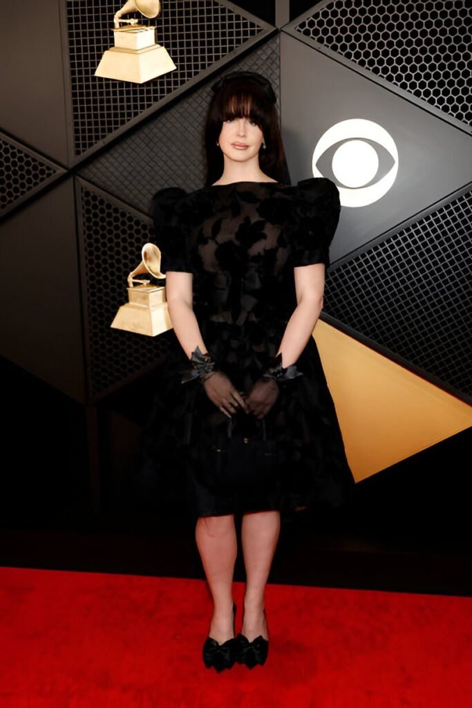 Black Floral Texture Puff-Sleeve Mini Dress + Black Sheer Gloves + Black Bow Heels