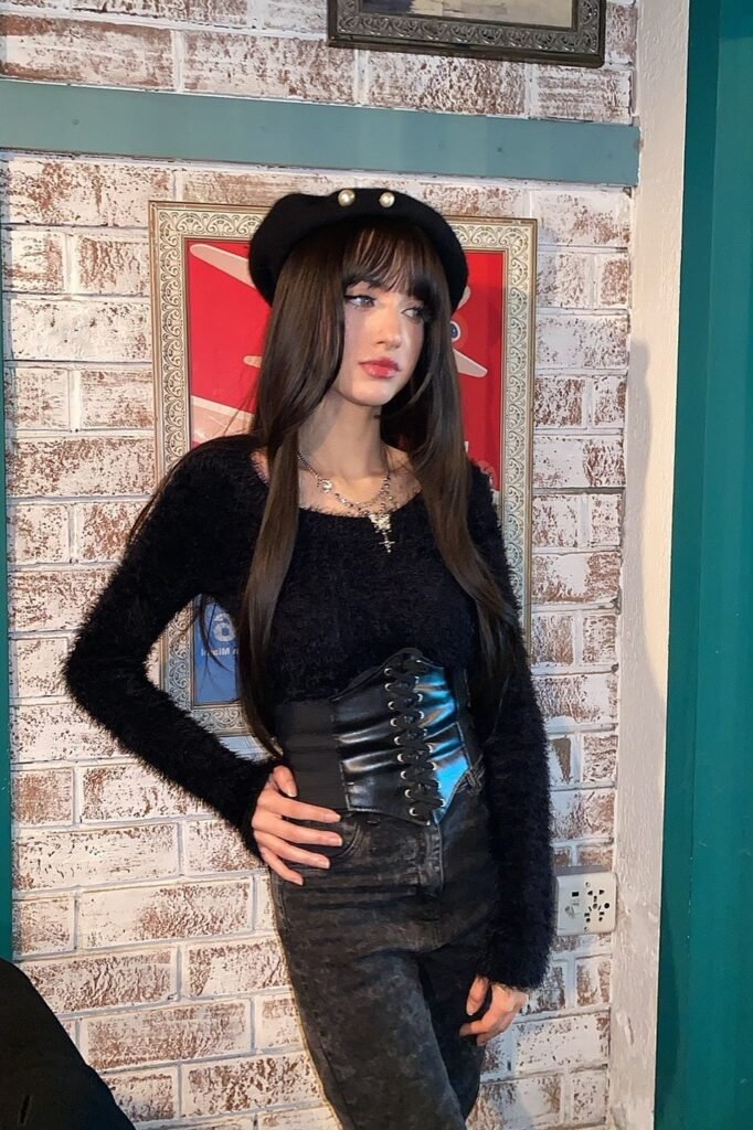 Black Fuzzy Long-Sleeve Top + Black Lace-Up Corset Belt + Grey Acid Wash Jeans + Black Beret