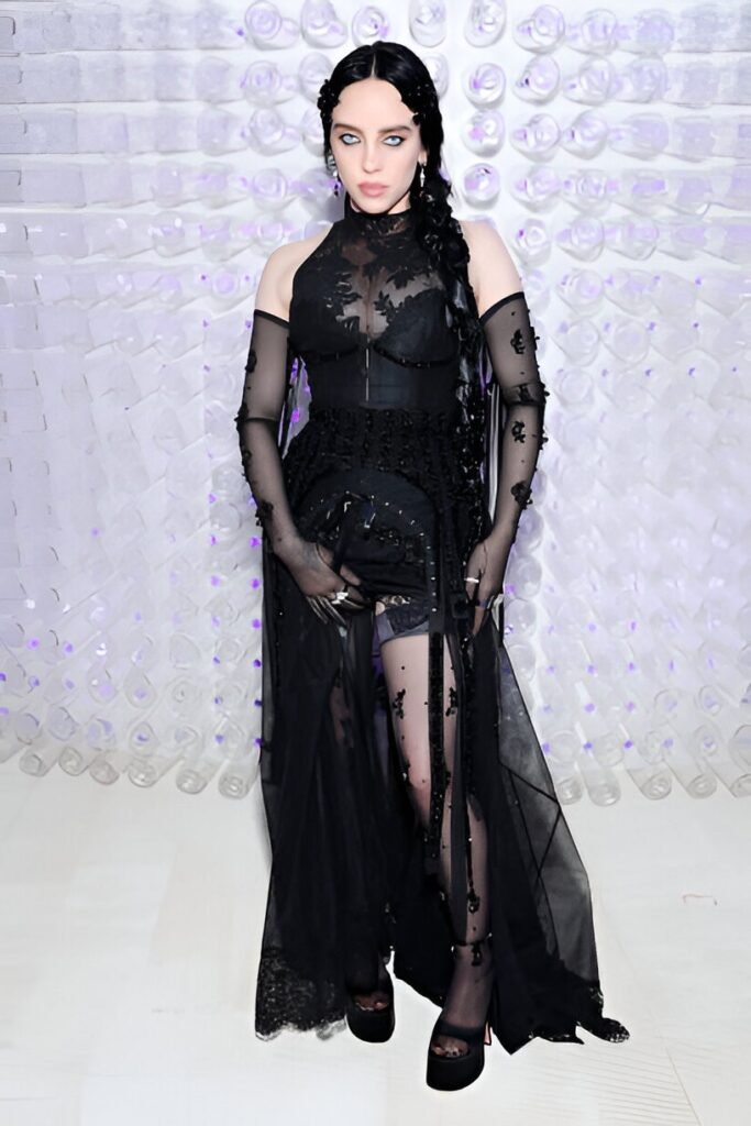 Black Gothic Lace Halter Gown + Sheer Floral Gloves + Platform Heels + Braided Black Hairstyle