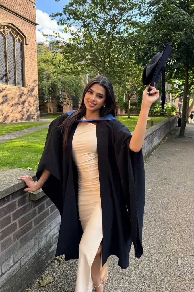 Black Graduation Gown and Cap + Cream Bodycon Maxi Dress + Beige Strappy Heels