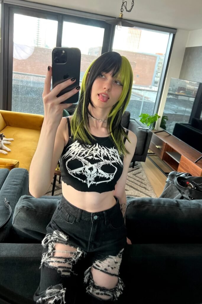 Black Graphic Crop Top + Heavily Distressed Black Jeans + Silver Heart Choker