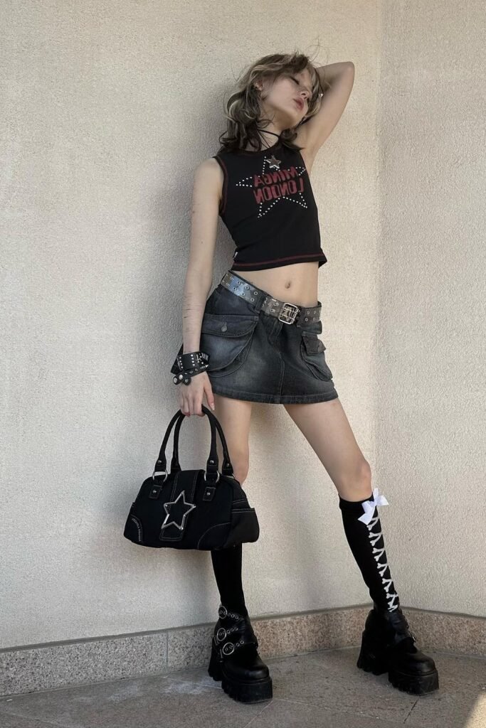 Black Graphic Star Crop Top + Dark Grey Utility Denim Mini Skirt + Lace-up Knee-High Socks + Chunky Black Buckle Boots