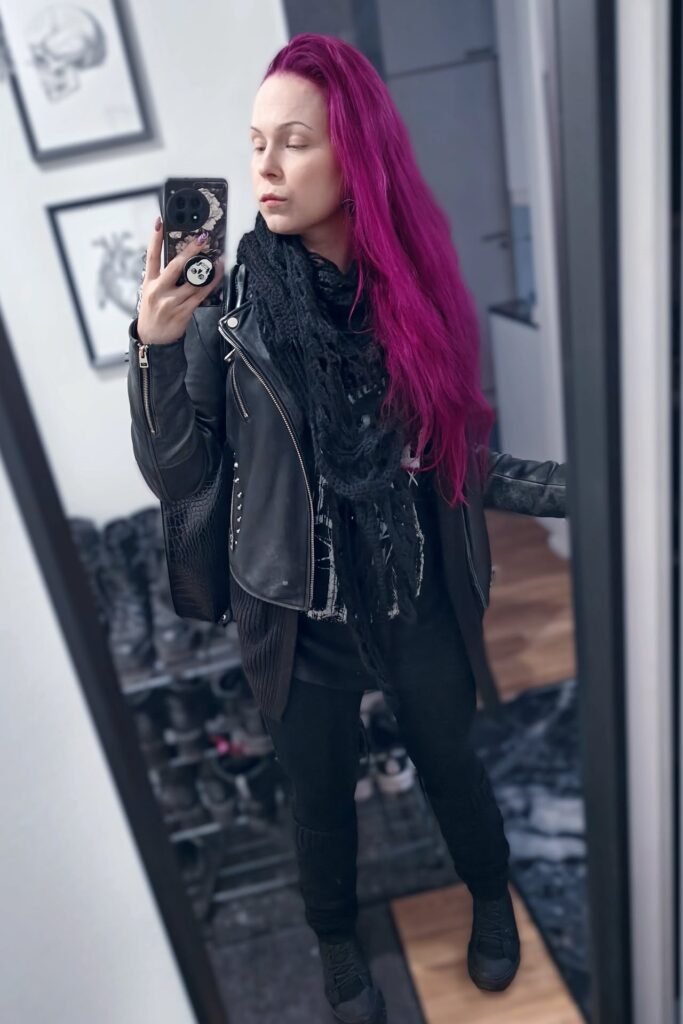 Black Graphic T-Shirt + Black Skinny Jeans + Leather Biker Jacket + Large Black Knit Scarf