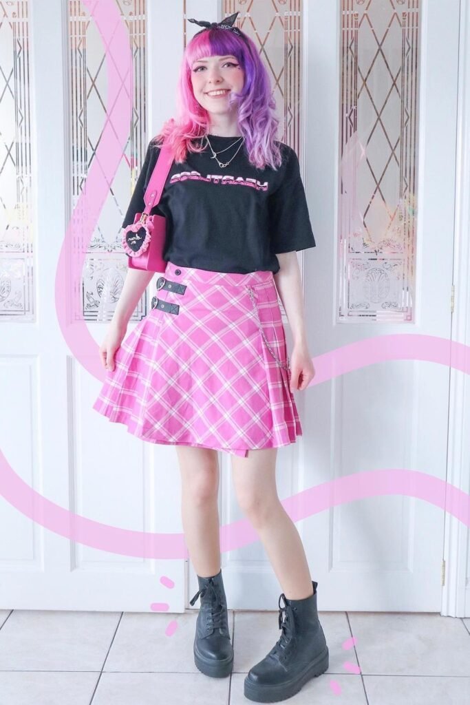 Black Graphic T-Shirt + Pink Plaid Mini Skirt + Black Platform Combat Boots