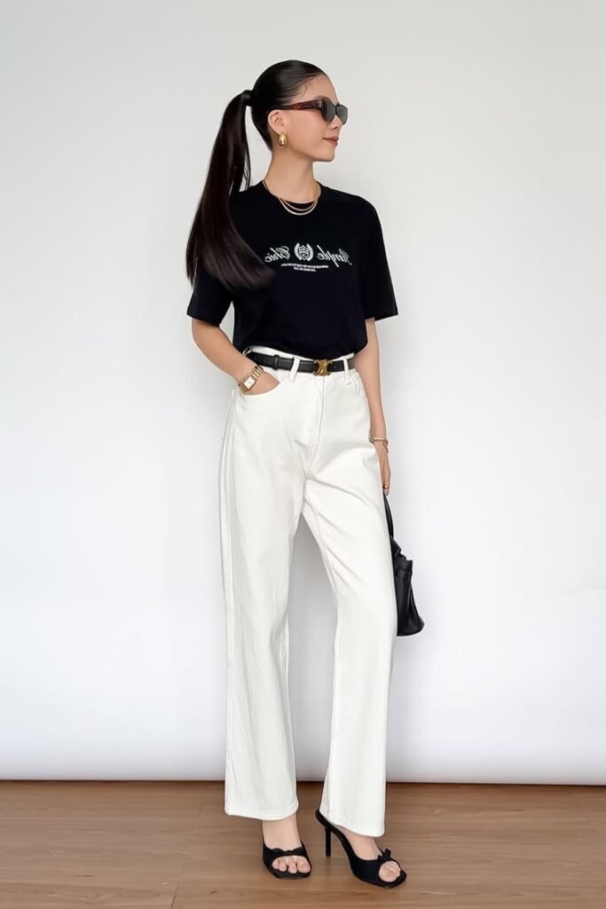 Black Graphic T-Shirt + White Wide-Leg Jeans + Black Heeled Sandals